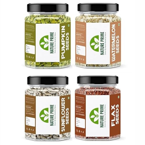 Nature Prime Lot de 4 pots de graines crues à manger – 1 kg (graines de citrouille, graines de lin, graines de pastèque, graines de tournesol – 250 g chacune)