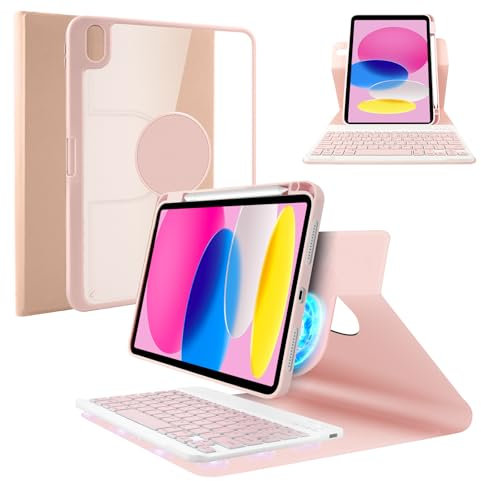 SOPPY Keyboard Case for iPad 11th Gen. (A13) 11-inch 2025, 10th Gen. 10.9-inch 2022, UK Layout, Slim Protective Cover, Magnetic Rotatable Detachable Keyboard, with Pencil Holder - Pink