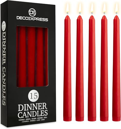 DECO EXPRESS Bougies Pointues Lisses, Lot de 15, Anti-Gouttes et Sans Parfum, Bougie Longue Durée 8h, Saint Valentin et Fetes des Mères Decoration Maison, Idee Cadeau (Rouge - Lot de 15)