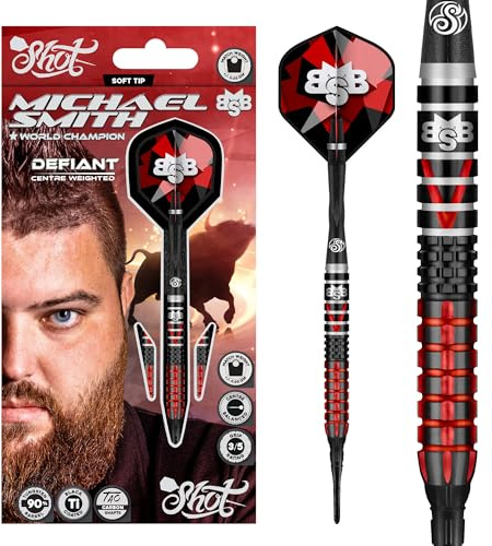 Shot Soft Darts Michael Smith Bully Boy Defiant 90% Tungsten Softtip Darts Softdart Hochwertige Tungsten Dartpfeile Set mit Schäften und Flights Made in Neuseeland