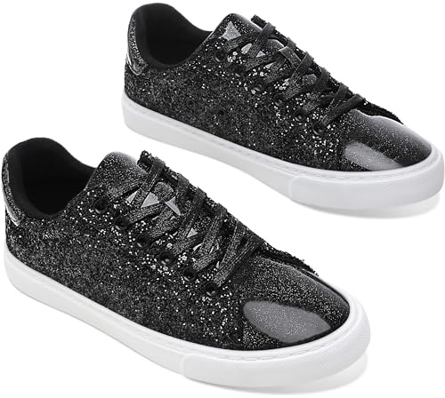 AISFAES Glitter Sneakers Sparkly Low Top Sequins Sneakers Lace Up Tennis Shoes Comfort Bling Shoes Fashion Shiny Walking Shoes(Black Glitter,9 Women/7.5Men)
