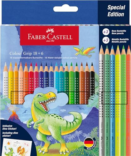 Faber-Castell 201546 - Buntstifte Set Dino, 24-teilig, bruchsicher, inkl. 3 Metallic Stifte, 3 Neon Stifte und Dino Sticker