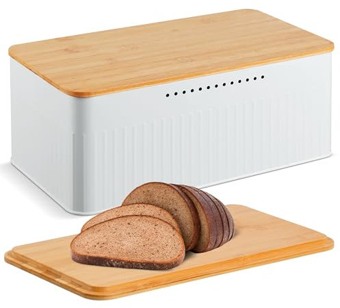 Hossejoy Metal Bread Box with Bamboo Cutting Board Lid, Bread Storage Container for Kitchen Countertop, Modern Bread Bin Holder Breadbox, Kitchen Decor Organizer (White)