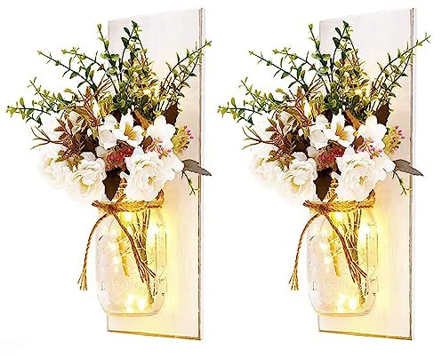 Mnaocz 2Pcs Mason Jar Wall Sconce with Flower, Rustic Wooden Wall Sconces with Remote Control LED Fairy Lights