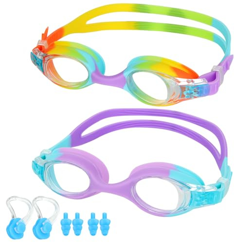Lychico Kids Swimming Goggles (2 Pack Kids Goggles Anti-Fog UV Resist Leak Proof Swimming Goggles for Kids Boys Girls (Rainbown/LakeBlue&Purple)