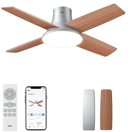 Dreo Ceiling Fans with Lights, 12 Speeds & 3 Fan Modes, Quiet DC Motor, Low Profile Easy to Install, Flush Mount Smart Ceiling Fan with Dimmable LED, 12H Timer for Bedroom, Remote, Silver, 44''
