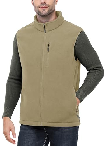 Outdoor Ventures Fleeceväst för män full dragkedja varm herrväst ärmlös jacka med 5 fickor ventilerande utomhus sport kroppsvärmare väst för vandring camping, Ljusbrun, M