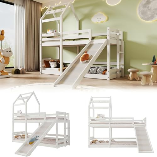 Qiang Cama Infantil Litera 90x200cm para 2 Niños, Cama Casita con Tobogán Y Escaleras,Estructura De Cama De Madera con Protección contra Caídas Y Somier Láminas