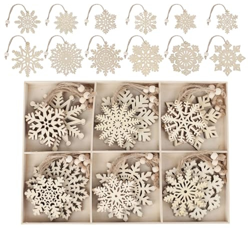 ilauke 36 Stück Weihnachten Schneeflocke Holzanhänger, 12 Design 2 Größen Weihnachtsdeko Holz DIY Basteln, Weihnachtsbaum Deko fur Kinder, Schneeflocken Christbaumschmuck Geschenkanhänger mit Juteseil