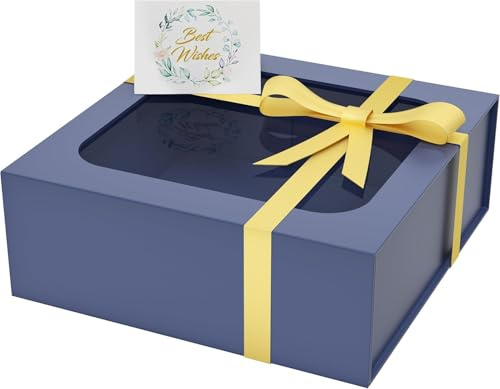 Presentask med visningsfönster, 19 x 19 x 7,6 cm presentlådor för presenter med lock magnetisk stängning rektangel collapsible for Groomsman proposal box, jul, halloween (mörkblå)