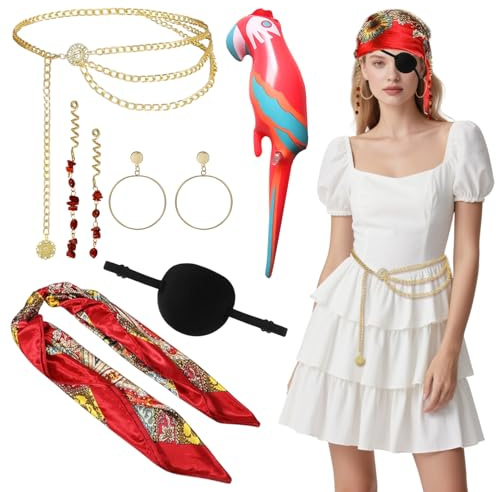 UILYNIU 7 Stück Piraten Kostüm Zubehör Set Piratenkostüm Damen Piraten Kopftuch Augenklappe Aufblasbarer Papagei Taillenkette Ohrring Haarschmuck Pirate Accessories für Karneval Halloween (7 Stück)