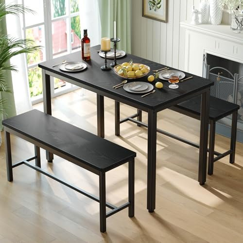 Tatub Dining Table Set for 4, 3-Piece Kitchen Table with 2 Benches, Space-Saving Dining Room Set for Breakfast Nook and Small Spaces, Black