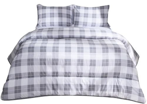 OHS 10.5 Tog Single Coverless Duvet, Soft Warm Microfibre Fabric Timeless Gingham Design Washable Single Duvet Comfortable Year Round Use Bedding Set with Pillowcase, Grey