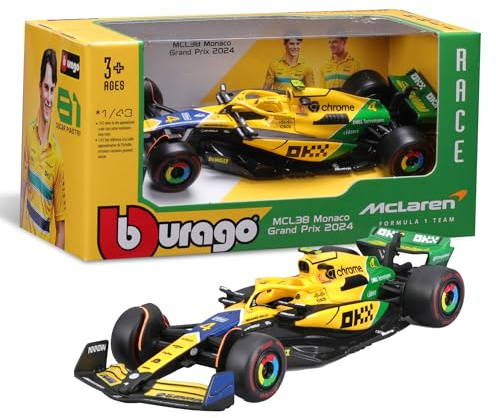 Bburago - McLaren MCL38 Monaco GP 2024 Senna Livery Skala 1:43, Diecast Replika Detaljerat Slumpmässigt Sortiment Norris eller Piastri, Ayrton Senna Tribute Edition