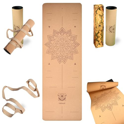Edelwelt Yogamatte aus Kork – rutschfest & nachhaltig – 183×61 cm mit 5 mm dicker Matte, Tragegurt & Lasergravur-Design für Yoga, Pilates, Gym & Sport – für Anfänger & Geübte