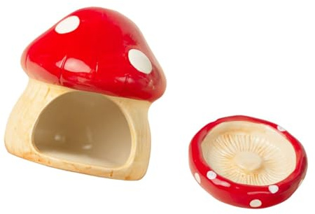 Dualoai Maison pour Hamster en Bois, pour Petits Animaux, Grotte, écurie, Forme de Champignon de Dessin Animé, avec Gamelle pour Cochons d'Inde E, Rouge
