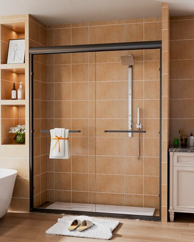 Semi-Frameless Sliding Glass Shower Door 56-60 in. W x 72 in. H, Matte Black Frame, 1/4 in. Clear Tempered Glass, Bypass Shower Door, Reversible Shower Doors for Walk-in Bathroom