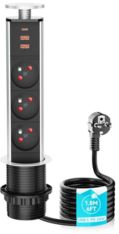 Bloc Prise Encastrable 3 Prise française avec 2 USB-A,1 USB-C PD20W,Airmom Multiprise Escamotable Plan de Travail Cuisine,4000W/16A, Ø 60mm,Câble de 1.8m