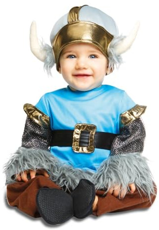 My Other Me - Disfraz de Vikingo para bebé niño en azul y gris con casco, camisa, cinturón, pantalón y patucos talla 12-24 meses. Para los pequeños exploradores del norte.