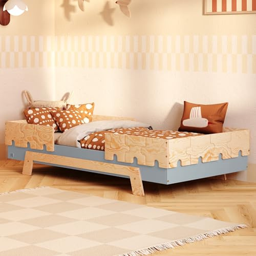 smartwood Barnsäng 90x190 cm med Ribbotten, Furuträ, Blå, PUZZLE BR2