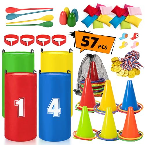 ROPODA Outdoor Spiele für Kinder, 57-teiliges Gartenspielzeug Kinder Erwachsene, Outdoor Spielzeug, Kunststoffkegel, Sitzsäcke, Ringwurfspiel, Eierlauf-Set, Sackhüpfen Säcke, 3Bein Rennen