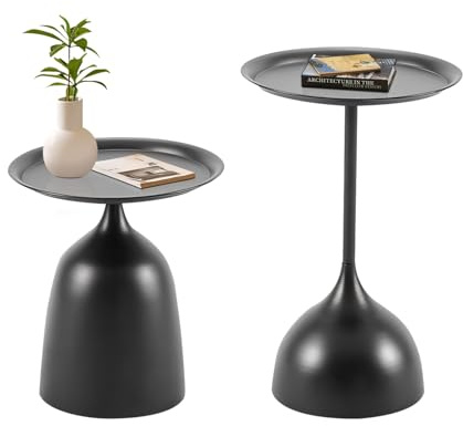 Sailret Round Nesting Side Tables Set of 2, Metal Accent End Tables with Tray Top, Small Drink Tables for Sofa Side & Bedside, Space-Saving for Living Room & Apartment – Matte Black