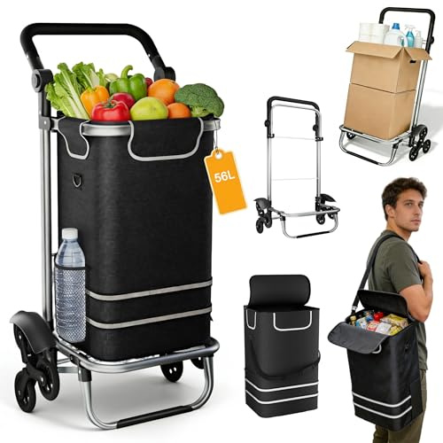 UISEBRT 3in1 Einkaufstrolley klappbar mit 56L groß Volumen,Multifunktionaler Einkaufsroller mit Kühlfach, Umhängetasche & Sackkarre in Einem,Hackenporsche Trolly Einkaufswagen Schwarz,3-Rad