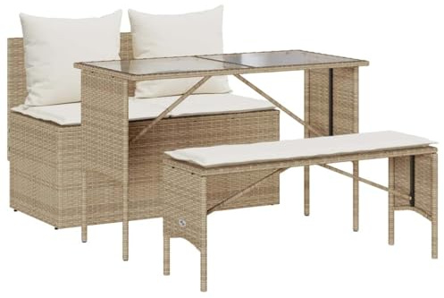 HFXHIJXQ 3-TLG. Garten-Essgruppe Beige Poly-Rattan 110x55 cm mit 2 Cremeweißen Kissen, UV-beständiges Balkonmöbel-Set, Glas-Tisch für Terrasse Garten kleine Balkone