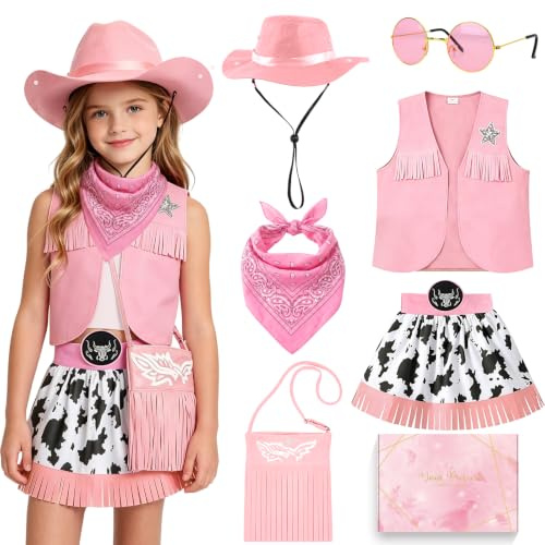 YYDSXK Disfraz Vaquera Niña, Rosa Chaleco Vaquera Niña con Falda, Sombreros Vaqueros, Gafas, Bolso, Pañuelo, Western Disfraz Niñas para Halloween Carnival Fiesta