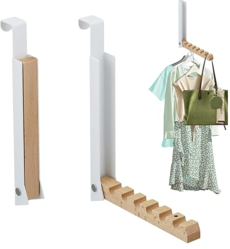 EUREKORA 2 Stück Kleiderhaken Tür Kleiderhaken Klappbar mit 6 Kleiderbügel Türhaken Faltbarer mit rutschfesten Rillen Metall & Holz Türhaken Haken für Wäsche Badezimmer Schlafzimmer eisen (Weiß)