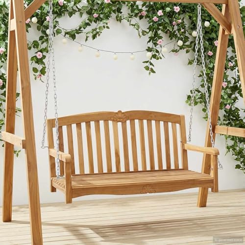 Lucathes Schaukelbank Natur aus massivem Teakholz 114 x 60 x 60,5 cm wetterfest für Garten Terrasse Balkon mit Rückenlehne und verzinkter Kette für entspanntes Relaxen im Außenbereich