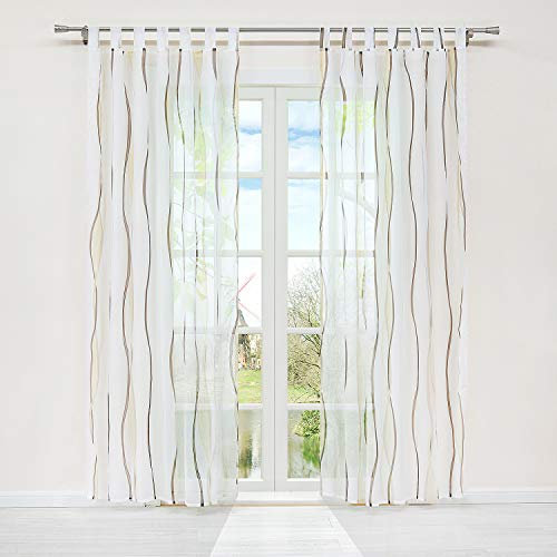 HongYa 1er-Pack Voile Gardine Transparenter Vorhang mit Schlaufen Wellen Druck H/B 145/140 cm Creme Braun