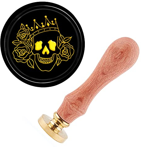 craspire Totenkopf-Wachssiegelstempel, Halloween, Gothic-Siegelwachsstempel, Vintage-Krone, Rose, Blume, Retro, 25 mm, Abnehmbarer Messing-Siegelstempelkopf, Holzgriff Für Hochzeitseinladungen