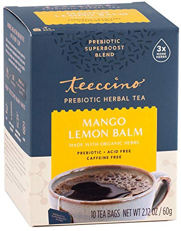 Teeccino Mango Lemon Balm - Prebiotic SuperBoost™ Herbal Tea - Support Your Probiotics with Vegan GOS & Organic XOS For Good Gut Health - Caffeine- Free, 10 Tea Bags