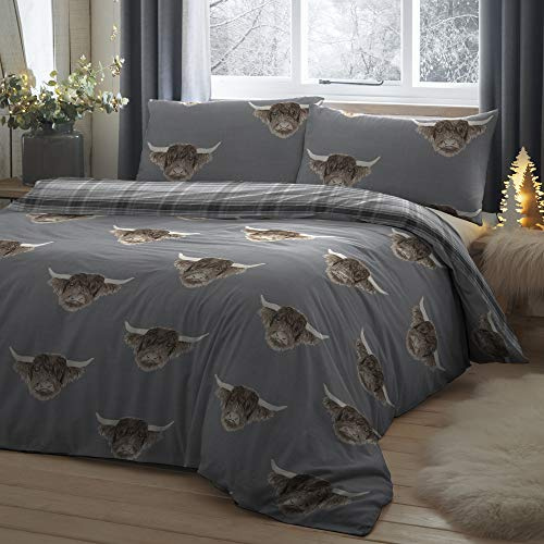 Fusion - Highland Cow - Set copripiumino facile da pulire, 1 pezzo, letto king size in grigio