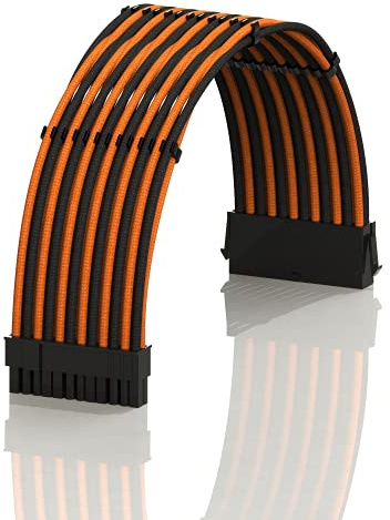 LINKUP - AVA 30cm ATX 24 Pin (20+4) Motherboard PSU Braided Sleeved Power Supply Extension Cable w/Combs | Strong & Stiff Design | Single Pack | 300mm - OrangeBlack