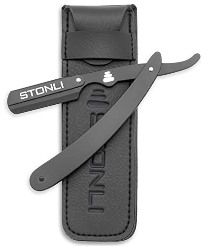STONLI® Cut Throat Razors - Straight Razor with Matte Black Finish Professional Barber Razor - Premium Quality Single Blade Shaving Razor for Moustache and Beard - Pouch Included (Black Metal)