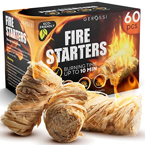 Eldstartare – naturlig eldstartare för eldstad, lägereldar, grill, trä- och pelletspis, skorsten, eldstad, grill, rökare – 60-pack w/10 min brinntid – alla väder och luktfri eldstartare