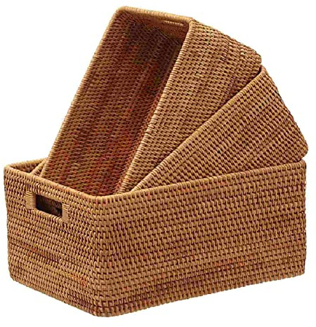 HH-CC Handgefertigter Rattan-Korb, rechteckiger Aufbewahrungskorb mit Griffloch, gewebter Weidenkorb für Obst, Gemüse, Brot, Serviertablett, Lebensmittel-Organizer,33 * 23 * 11CM+30 * 20 * 10CM
