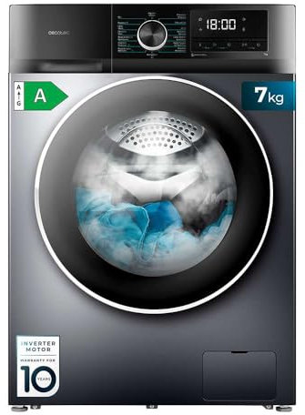Cecotec Lavadora 7Kg Bolero DressCode 7500 Inverter Steel A. 16 Programas, Baso Consumo, Motor Inverter plus, SteamMax, Pearl Drum, Delay Start, Drum Clean, Display, Allergy Care, Función Stop&Go