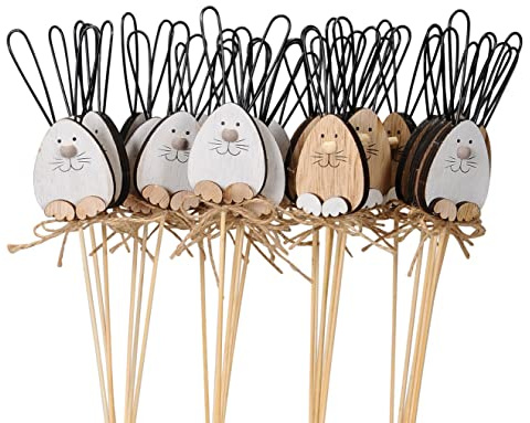lustiger Kleiner Oster-Stecker Garten-Stecker Pick Blumen-Stecker Osterhase Langohr mit lustigem Gesicht in weiß und Hellbraun Sortiert (12)