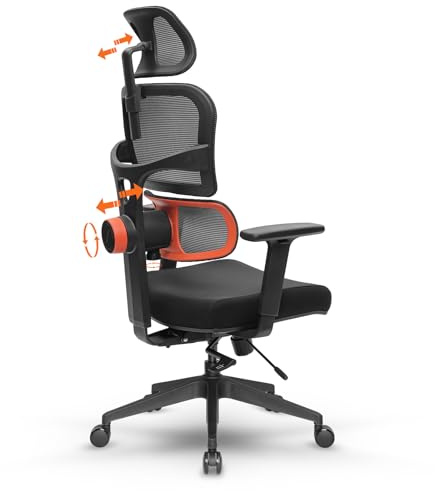 Newtral Ergonomisk kontorsstol – skrivbordsstol med högt ryggstöd med unikt justerbart svankstöd, justerbart ryggstöd och sittdjup, lutningsfunktion, nackstöd