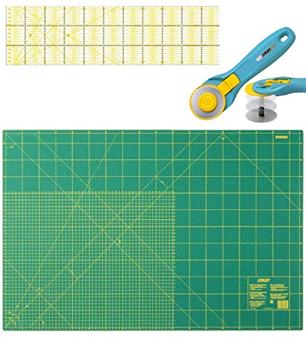 OLFA Schneidematte SET 45x60cm Selbstheilende Doppelseitig Verwendbar für Nähen, Patchwork, Quilt DEHP Frei mit cm & Inch Skala mit 45mm Rollschneider und 15x60cm Quiltlineal