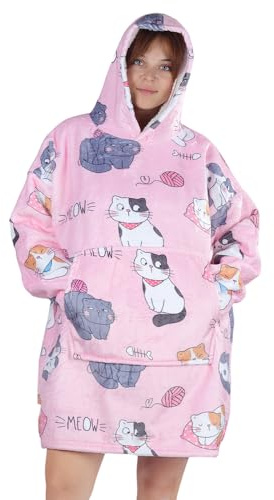 Queenshin Gatto Rosa Felpa Coperta Indossabile con Cappuccio Donna e Uomo Regalo, Oversize Coperta Plaid con Maniche Poncho in Pile Sherpa Super Morbida e Calda