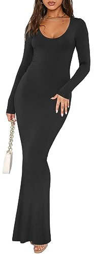 REORIA Women's Sexy Casual Scoop Neck Long Sleeve Lounge Long Dress Elegant Fall Wedding Guest Tight Ribbed Bodycon Maxi Dresses Black Medium