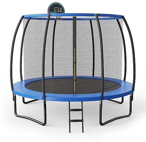 KOMFOTTEU Trampolín infantil de 305 cm de diámetro con canastas de baloncesto y escalera, cama elástica redonda para jardín con red de seguridad y cubierta de borde para niños y adultos, color azul +