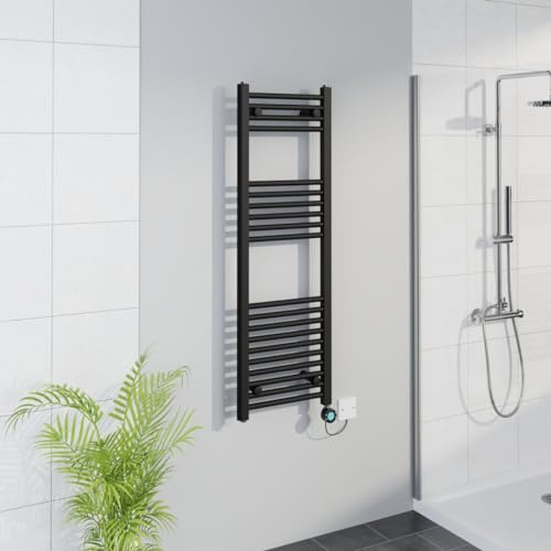 Warmehaus WiFi Electric Bathroom Straight Radiator Timer 1200x400mm Black | Thermostatic, Smart LCD Display, Child Lock, T Piece, Prefilled, Electric Heated Towel Rail Warmer, Energy Efficient