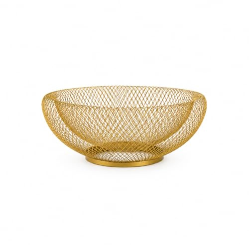 VR7 Fruit Bowl Metal Mesh Fruit Basket for Kitchen Decor 25cm - Durable, Airflow Design for Freshness - Gold 2 Pack
