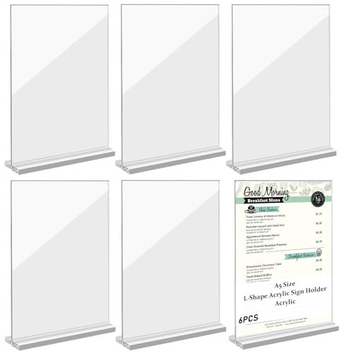 6 Piezas Soporte de Sobremesa de Acrílico A5, A5 Soporte para Letreros, Soporte para Cartel, Expositor Metacrilato Transparente A5, Soporte Expositor de Sobremesa Forma de T con Base, Doble Cara