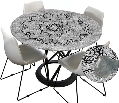 Tischdecke Outdoor Rund 120 cm, Elastisch Rund Abwaschbar Tischdecken Wasserabweisend Lotuseffekt Garten Tischdecke Grau Mandala Table Cloth (Ideal für 70cm-80cm,Anthrazit)